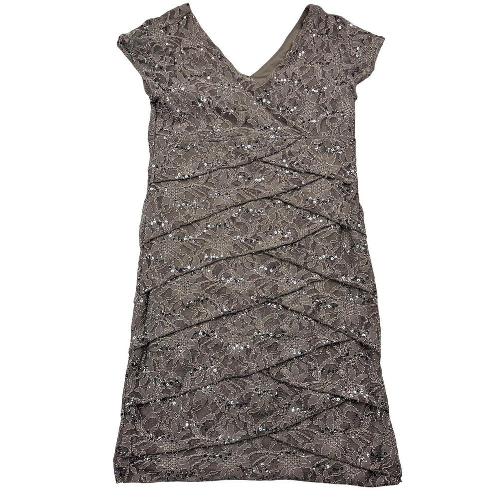 Scarlett Womens Gray Lace Sequin Tiered Cocktail Sheath Dress Size 16 Cap Sleeve